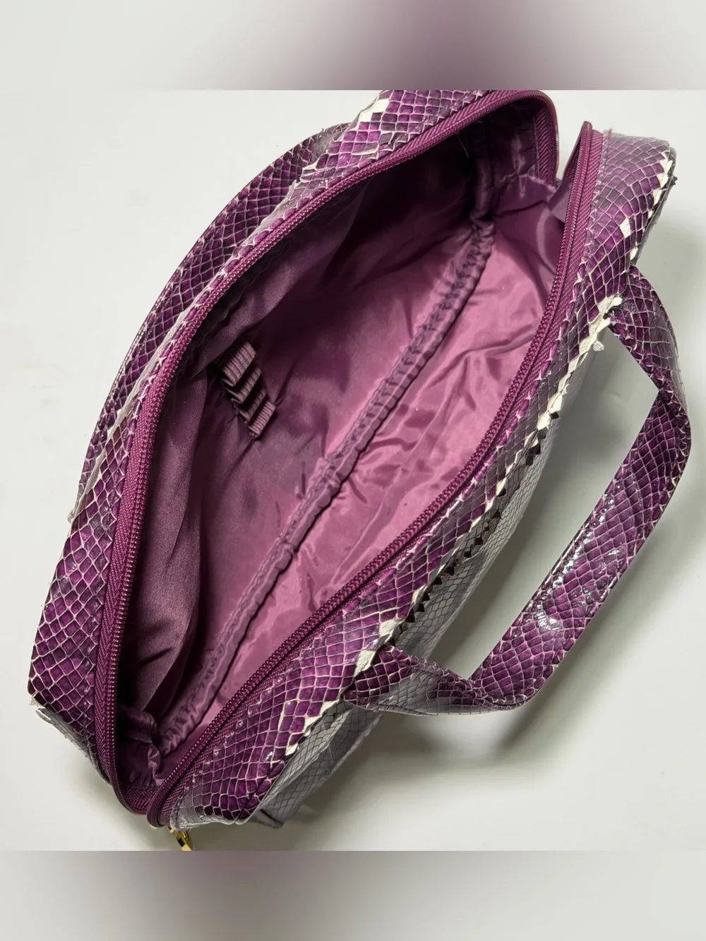 Estée Lauder Purple Snakeskin Texture Top Handle Cosmetic Bag - 9” x 6”